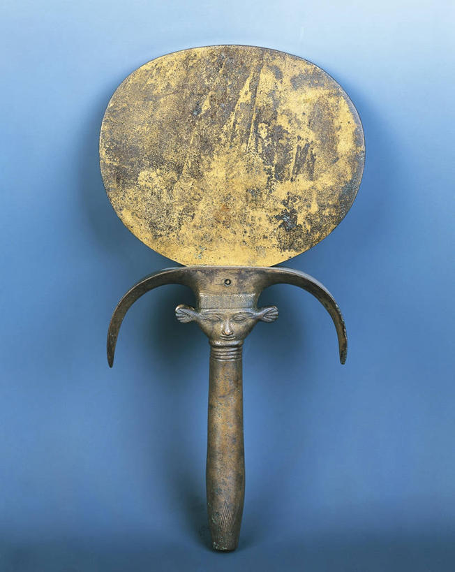 无人,竖图,特写,蓝色背景,古代,一个,摄影,单个,青铜,手镜,古埃及文明,古代文明,美术工艺,彩图,影棚拍摄