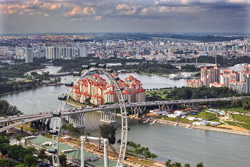 无人,横图,俯视,室外,白天,海洋,城市,建筑,新加坡,海岸线,云,联系,树,天空,运输,摄影,大转轮,彩图,高角度拍摄,滨海湾金沙酒店