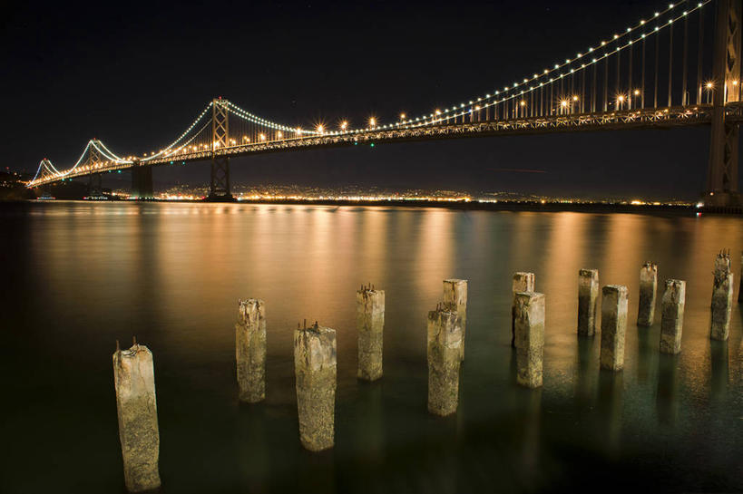 无人,横图,室外,夜晚,海洋,城市,建筑,美国,反射,联系,杆,摄影,吊桥,照亮,照明设备,旧金山,海湾大桥,彩图