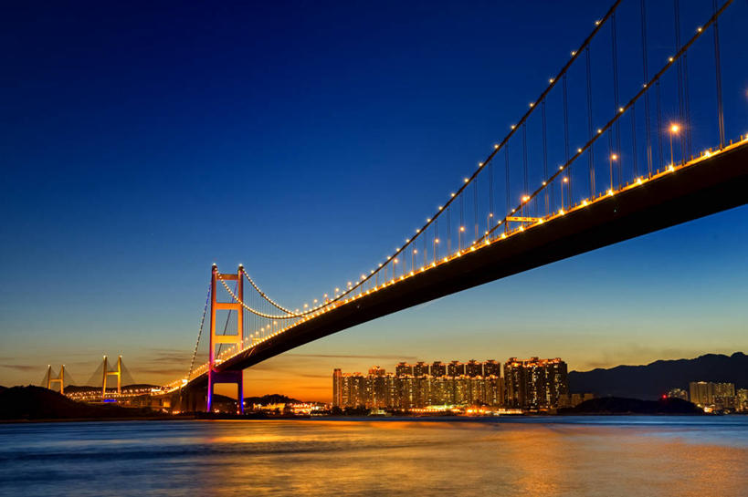 无人,横图,室外,度假,海洋,美景,城市风光,城市,建筑,摩天大楼,香港,反射,景观,桥,联系,娱乐,黄昏,享受,休闲,景色,放松,运输,摄影,吊桥,照亮,发展,万里无云,彩图,青马大桥