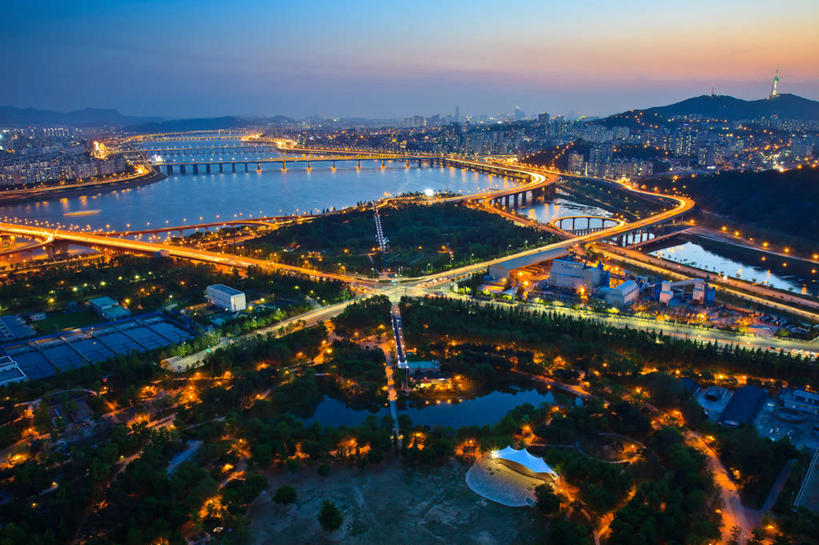 无人,横图,俯视,室外,河流,建筑,首尔,韩国,云,桥,首都,联系,蓝色,天空,黄昏,运输,摄影,照亮,汉江,彩图,高角度拍摄