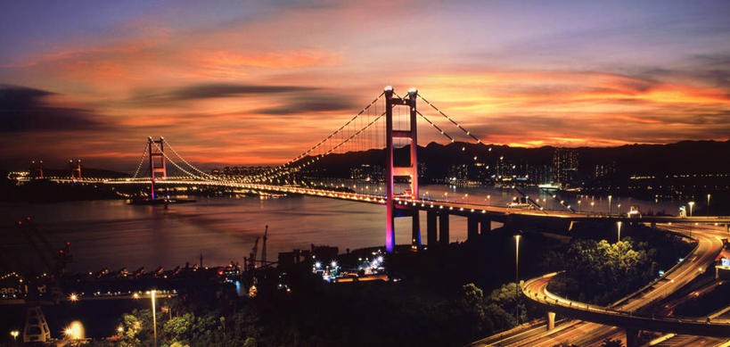无人,横图,全景,室外,长时间曝光,度假,河流,美景,城市风光,城市,建筑,香港,景观,云,桥,联系,娱乐,现代,树,天空,黄昏,享受,休闲,景色,放松,运输,摄影,吊桥,照亮,高架道路,彩图,青马大桥