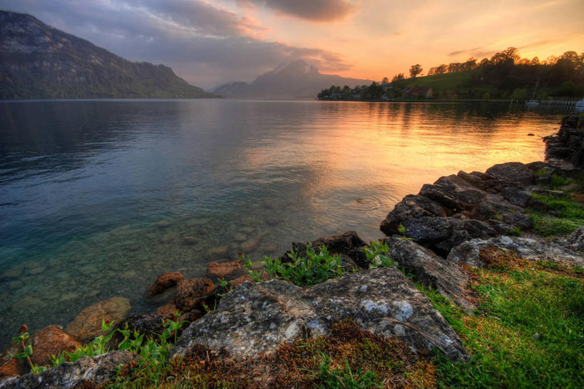 无人,横图,室外,旅游,度假,湖,美景,日落,山,瑞士,反射,景观,云,娱乐,卢塞恩湖,草,自然,享受,休闲,景色,放松,摄影,宁静,自然风光,岩石,彩图