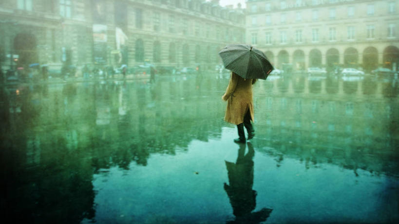 成年人,一个人,站,横图,室外,白天,水,雨,雾,法国,巴黎,仅一个男性,湿,反射,伞,天气,首都,拿着,摄影,彩图,独处