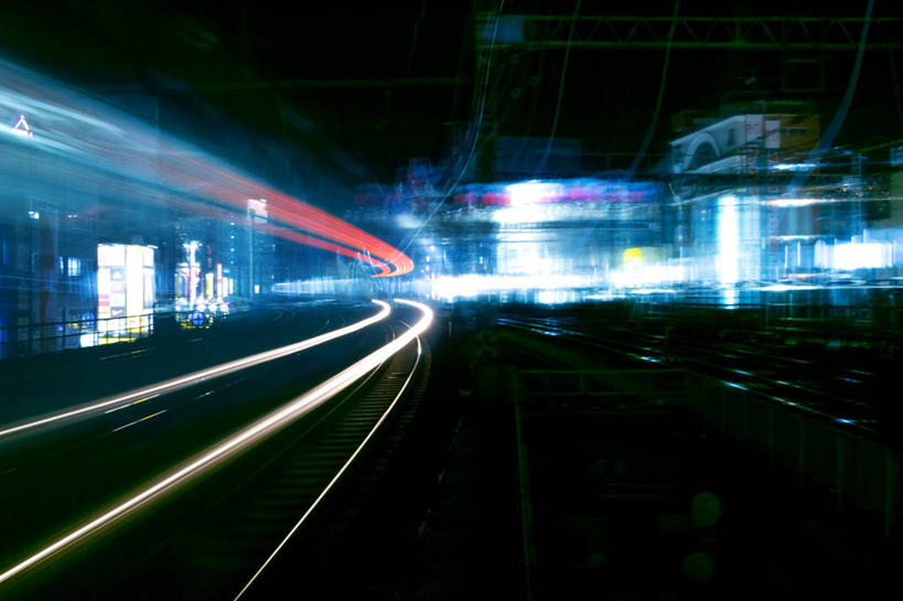 无人,横图,室外,夜晚,街道,路,铁路,东京,日本,轨道,交通,铁轨,首都,运输,摄影,尾灯,迅速,照亮,台东区,彩图