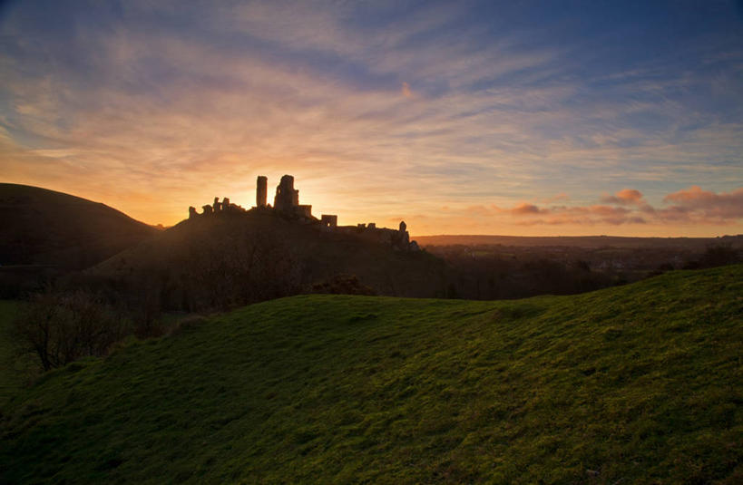 无人,横图,室外,日出,山,建筑,英国,城堡,云,历史,英格兰,草,风景,天空,摄影,宁静,剪影,多塞特郡,彩图