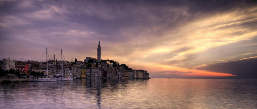 无人,横图,全景,室外,度假,海洋,日落,天际线,建筑,克罗地亚,反射,海岸线,城镇,摄影,宁静,游艇码头,罗维尼,彩图