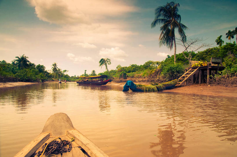 无人,横图,室外,白天,船,棕榈树,越南,漂浮,反射,云,台阶,风景,运输,摄影,透视图,湄公河,彩图