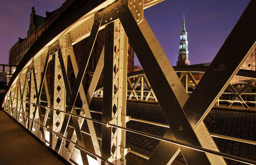 无人,教堂,横图,室外,夜晚,城市,建筑,德国,桥,尖顶,汉堡,摄影,部分,照亮,彩图