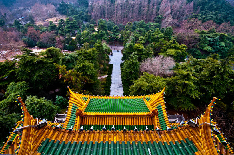 无人,公园,横图,俯视,室外,白天,建筑,南京,屋顶,小路,宝塔,浙江省,摄影,宗教,中国文化,树梢,岩石,彩图,高角度拍摄