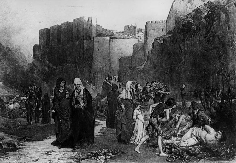 儿童,成年人,站,横图,黑白,插画,室外,白天,绘画,数码,科技,建筑,对抗,阴影,艺术,冲突,网络,许多人,高光,几何,计算机图形,古典,合成,图画,历史,文化,城墙,画,工艺品,品味,一群人,战争,宗教,美术,电脑合成图,数码合成图,高雅,基督教,恐怖,犯人,合成图,痛苦,漫画,写实,具体,具象,美学,男孩,男人,女孩,女人,传统服装