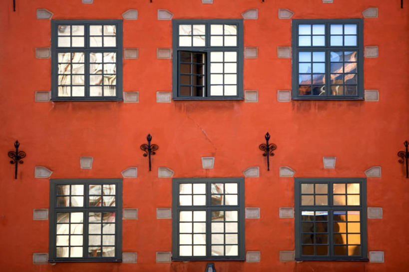 无人,横图,室外,白天,重复,窗户,建筑,瑞典,反射,房屋,首都,红色,摄影,斯德哥尔摩,式样,设计,彩图,老城