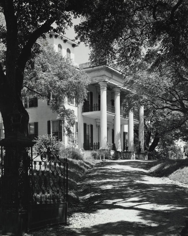 无人,栏杆,竖图,室外,白天,植物,建筑,美国,阴影,柱子,大门,房屋,车道,古典,宏伟,历史,草,树,天空,摄影,北美,住房,种植园,纳齐兹,彩图,过去