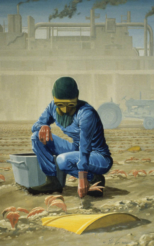 一个人,工厂,蹲,竖图,插画,室外,白天,绘画,安全,数码,科技,阴影,朦胧,模糊,艺术,网络,防护,高光,几何,计算机图形,古典,合成,图画,拿着,破坏,文化,破损,画,天空,手套,工艺品,品味,烟,工业,保护,环境,污染,美术,损坏,电脑合成图,数码合成图,高雅,合成图,拖拉机,保险,漫画,保护服,防毒面罩,写实,具体,具象,美学,保全,周全,安稳,安定,防护手套,空气污染,美术工艺,平安,彩图