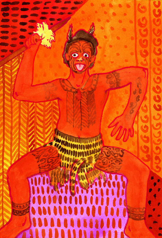 成年人,一个人,站,竖图,插画,室内,正面,绘画,数码,科技,新西兰,仅一个男性,表演,阴影,艺术,网络,高光,几何,计算机图形,古典,合成,图画,拿着,文化,裸露,画,扮演,红色,工艺品,品味,伸舌头,武器,颜料,美术,电脑合成图,数码合成图,演出,高雅,合成图,大洋洲,裸,恶魔,漫画,演出服,矛,挑战,写实,具体,具象,美学,美术工艺,毛利人,彩图,传统服装,舞蹈,传统文化,哈卡舞
