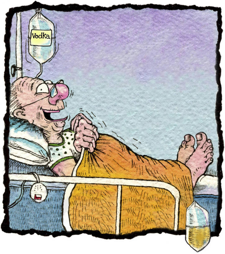 成年人,老年人,头发,一个人,病人,医院,微笑,竖图,插画,室内,侧面,快乐,满意,数码,科技,床,仅一个男性,仅一个人,阴影,网络,文字,眼镜,床单,伏特加,酒类,高光,几何,计算机图形,合成,图画,拿着,画,酒,饮料,医疗用品,枕头,仅一个老年男性,生病,赤脚,卡通,英文字母,幽默,电脑合成图,数码合成图,享乐,合成图,漫画,计算机制图,静脉滴注,写实,具体,具象,想法,老年男性,男人,男性,仰卧,彩图,短语