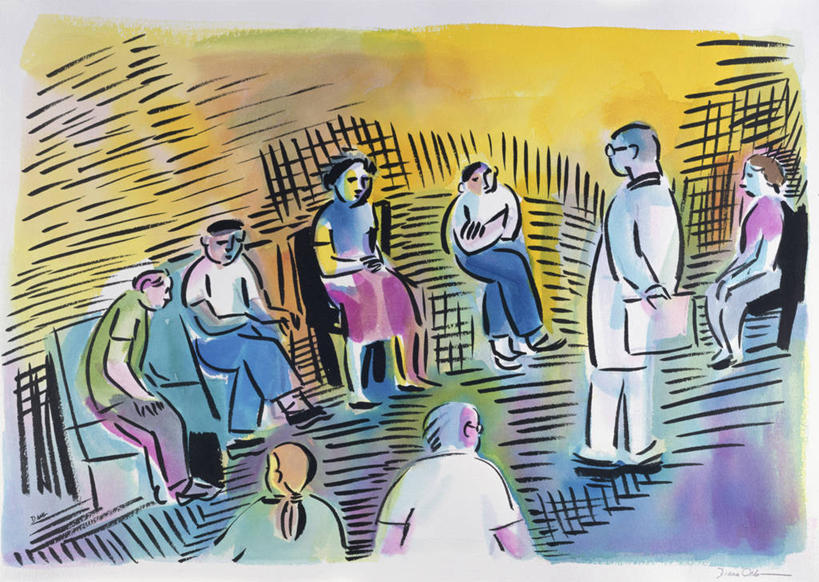 医生,病人,医院,站,坐,横图,插画,室内,绘画,数码,科技,阴影,艺术,网络,高光,几何,计算机图形,古典,合成,图画,文化,画,工艺品,品味,颜料,写字板,美术,电脑合成图,数码合成图,高雅,合成图,漫画,等候室,写实,具体,具象,美学,美术工艺,彩图,精神疾病,门诊部