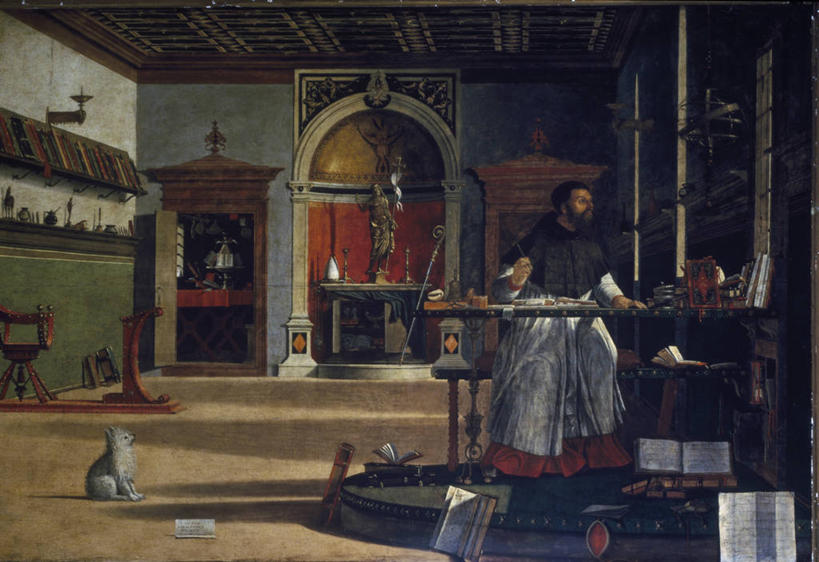 成年人,一个人,坐,横图,插画,室内,白天,正面,绘画,数码,科技,桌子,狗,油画,仅一个男性,写,阴影,艺术,网络,雕像,高光,几何,计算机图形,古典,文艺复兴,合成,图画,注视,文化,书桌,画,手稿,工艺品,观察,看,品味,宗教,观看,美术,电脑合成图,数码合成图,察看,高雅,基督教,合成图,关注,祭坛,漫画,写实,具体,具象,美学,圣奥古斯丁,书,彩图