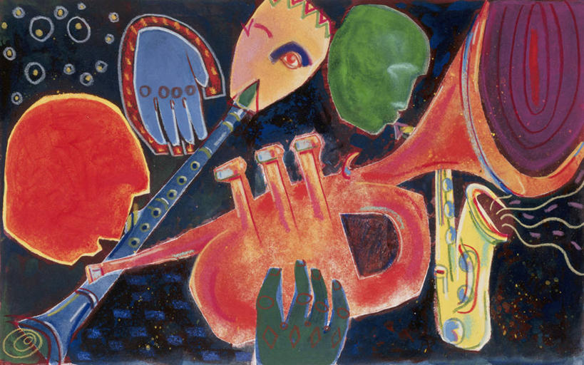 头,手,三个人,音乐家,横图,插画,抽象,数码,科技,表演,阴影,网络,单簧管,管乐器,乐器,萨克斯,小号,高光,几何,计算机图形,音乐,合成,图画,拿着,吹气,画,扮演,人体,电脑合成图,数码合成图,爵士乐,创造力,演出,享乐,合成图,音乐人,漫画,写实,具体,具象,技能,头部,乐师,演奏家,音乐工作者,彩图,卡吕普索