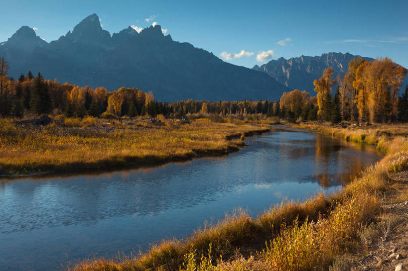 无人,横图,室外,白天,美景,山,山脉,水,美国,反射,景观,云,草,树,风景,天空,自然,景色,摄影,宁静,自然风光,怀俄明,大提顿国家公园,秋天,彩图