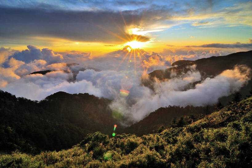 无人,横图,室外,镜头眩光,日落,山脉,太阳,台湾,地形,云,风景,摄影,宁静,耀斑,彩图