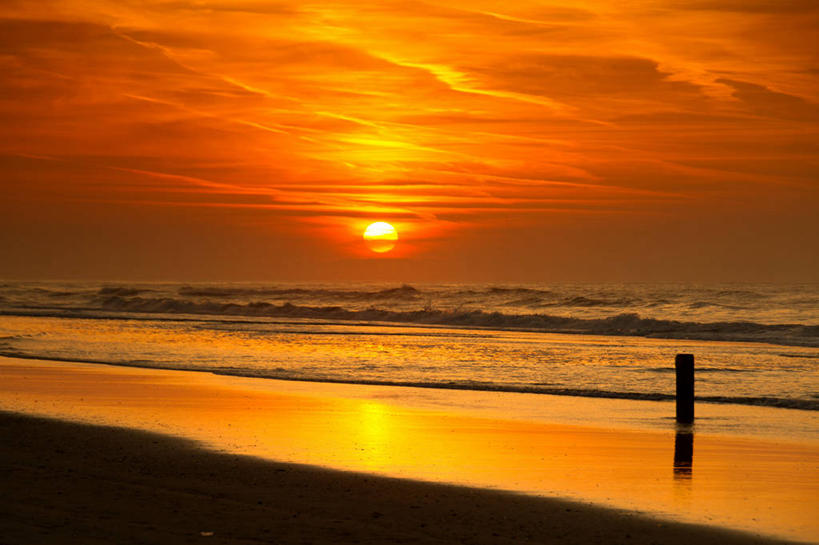 无人,横图,室外,旅游,度假,海洋,美景,日落,太阳,荷兰,反射,沙子,景观,水平线,云,娱乐,自然,波浪,享受,休闲,木桩,景色,放松,摄影,宁静,自然风光,弗里斯兰省,海滩,彩图