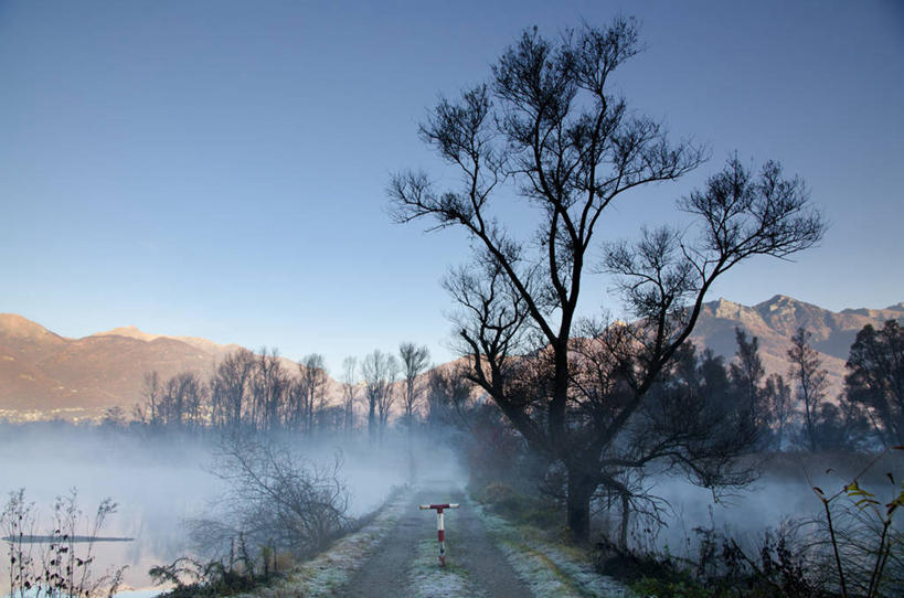 无人,横图,室外,白天,山,雪,雾,路,瑞士,冬天,树,风景,自然,摄影,宁静,万里无云,提契诺州,洛迦诺,彩图