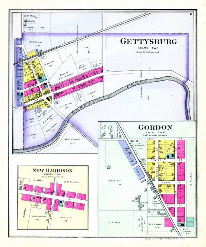 无人,竖图,地图,城镇,历史,古董,俄亥俄州,盖兹堡,彩图,地图学