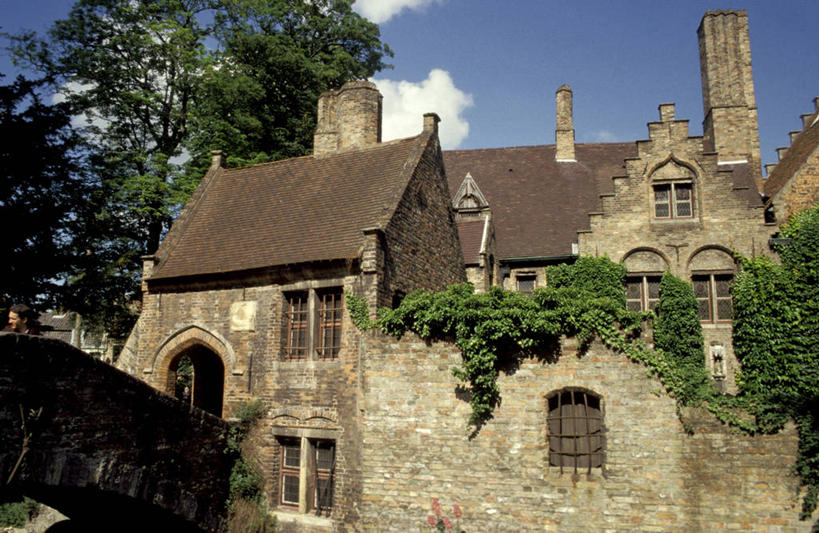 无人,横图,室外,白天,建筑,比利时,桥,常春藤,首都,联系,历史,石墙,树,摄影,古董,布鲁日,彩图,旅行