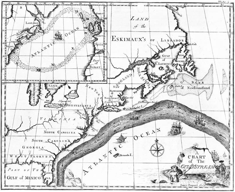 无人,科学家,横图,黑白,地图,海岸线,海湾,天气,历史,大西洋,英文字母,科研人员,研究者,富兰克林,本杰明.富兰克林,科学研究者,哲学家,政治家,发明家,外交家,科学工作者,墨西哥湾暖流