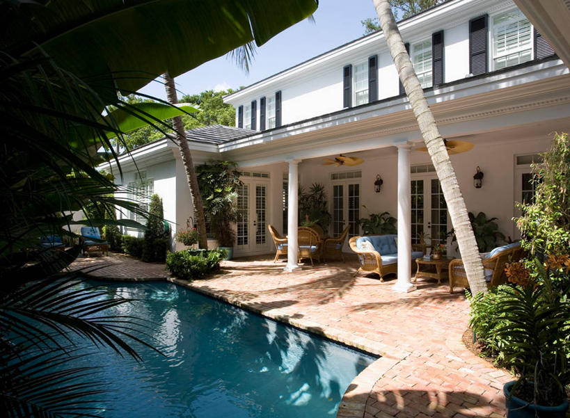 无人,游泳池,横图,室外,白天,建筑,日光,美国,球袋,砖,地形,院子,北美,佛罗里达,森林别墅