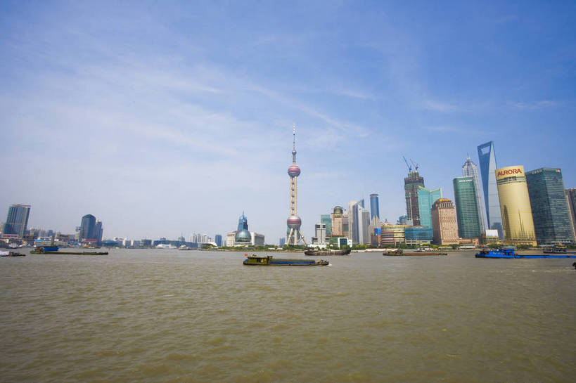 横图,彩色,室外,白天,办公楼,河流,大厦,建筑,船,上海,中国,亚洲,建筑群,东方明珠,黄浦江,金茂大厦,浦东,蓝天,远景,摩天大厦,摄影,环球金融中心,金融中心,东亚,中华人民共和国,江,大楼,bj174