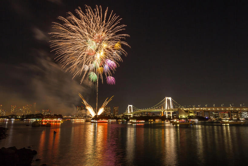 横图,室外,夜晚,东京,日本,桥,彩虹桥,海湾,东京湾,风景,焰火,台场,bj175